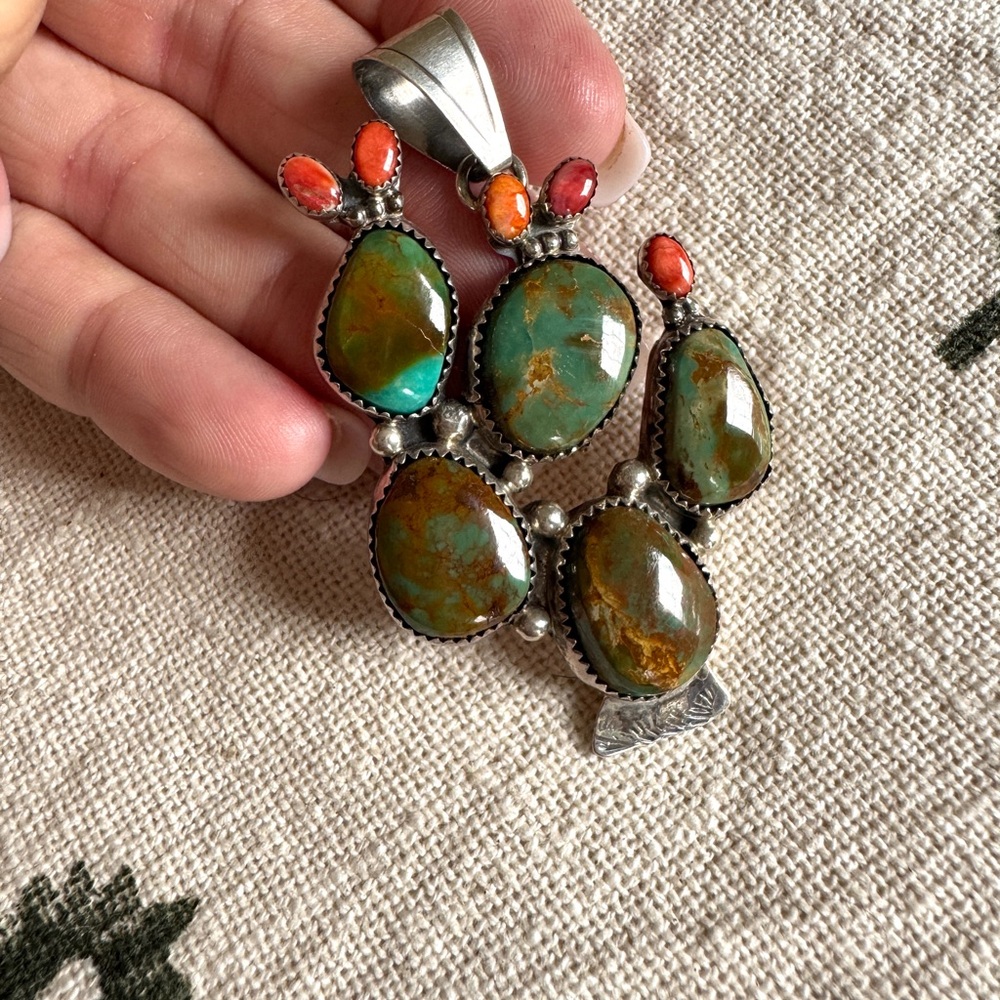 Multi Stone & Sterling Silver Cactus Pendant